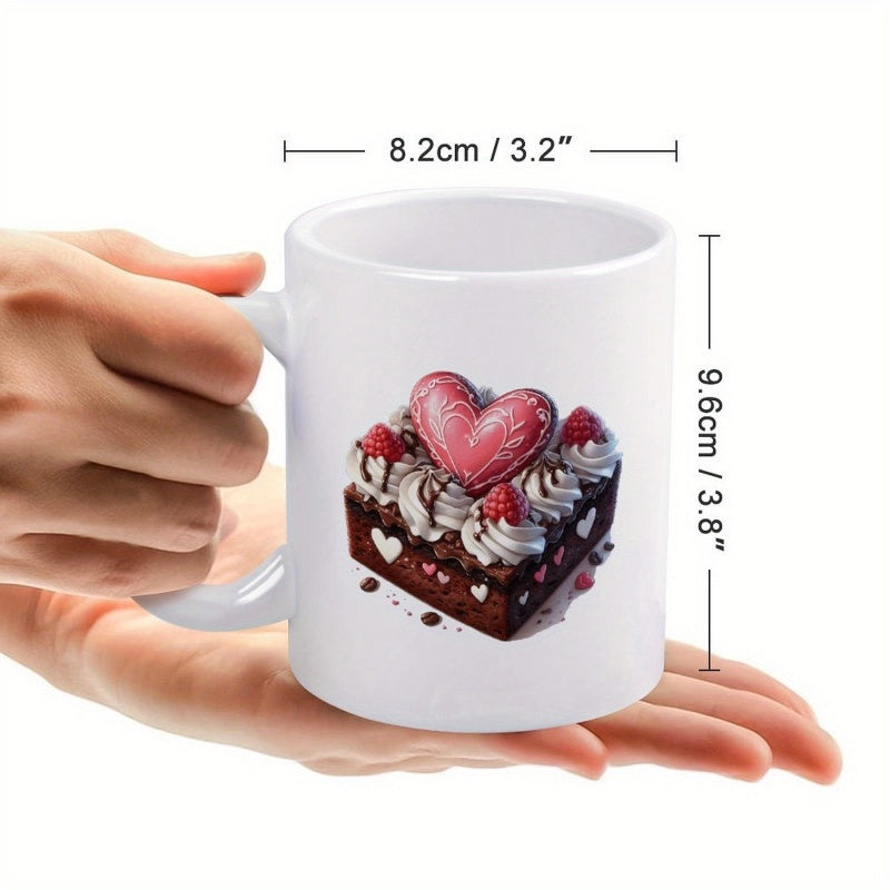 Tailorly White Ceramic 11 oz Mug - Delicious Chocolate Brownie Decorated With Cream And A Pink Heart Cake