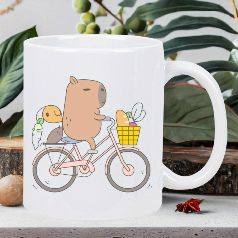 Tailorly White Ceramic 11 oz Mug - Cute Cartoon Animal Riding A Bicycle Carrying Fresh Bread In Basket Capybara