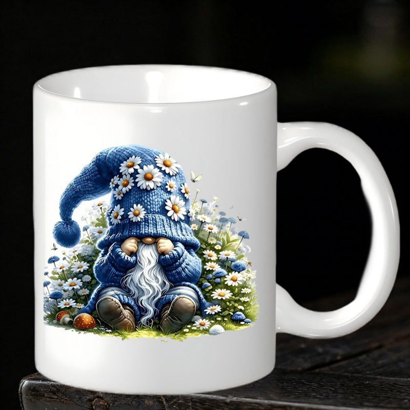 Tailorly White Ceramic 11 oz Mug - Whimsical Little Figure Wearing Blue Hat Decorated With White Daisies Gnome