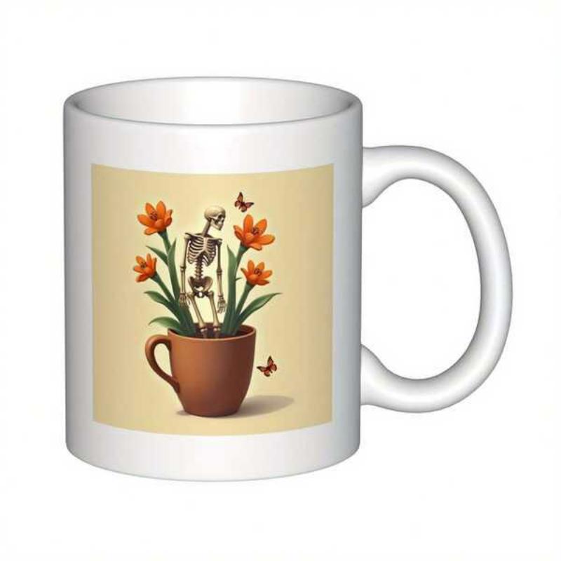 Tailorly White Ceramic 11 oz Mug - Standing Among Orange Lilies Inside A Small Brown Flower Pot Skeleton