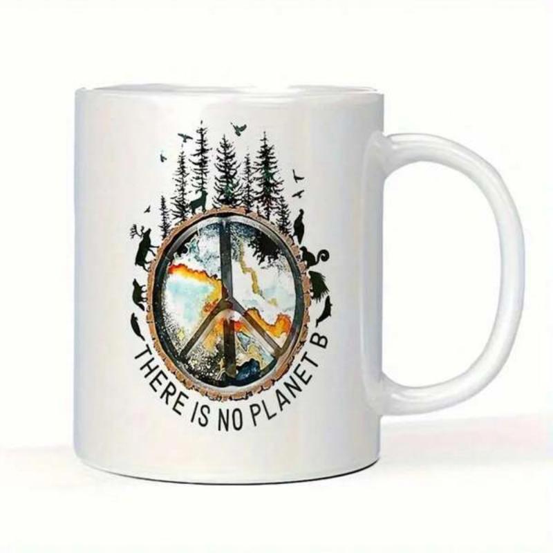 Tailorly White Ceramic 11 oz Mug - There Is No Planet B Towering Pine Trees Above A Peaceful Symbol With Wildlife Silhouettes Among Nature Mug