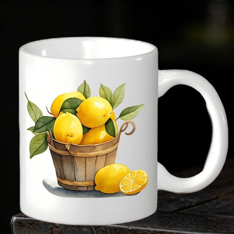 Tailorly White Ceramic 11 oz Mug - Fresh Harvested Yellow Lemons In A Rustic Wooden Basket With Green Leaves Lemon