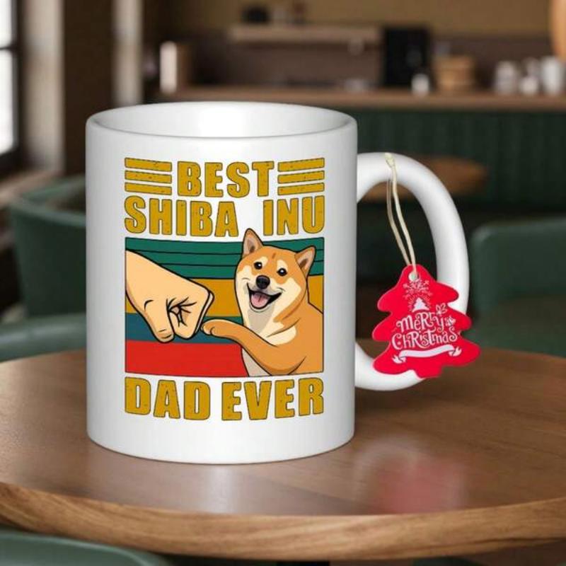 Tailorly White Ceramic 11 oz Mug - Best Shiba Inu Dad Ever Retro Vintage Sunset With Human Hand Fist Bumping Friendly Dog