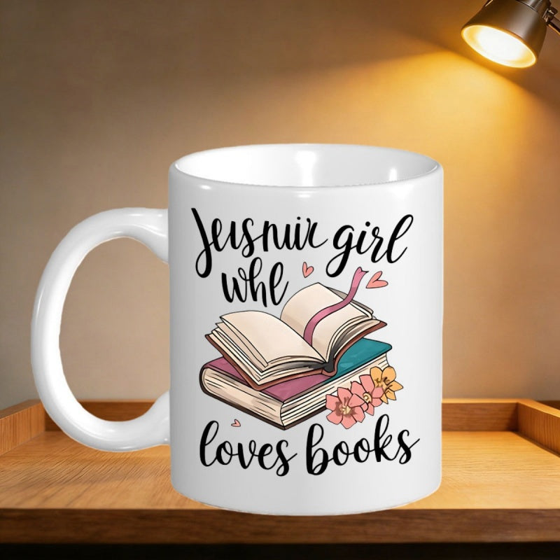 Tailorly White Ceramic 11 oz Mug - Girl Loves Books Blooming Pink Flowers Decorated With Small Hearts And Open Book