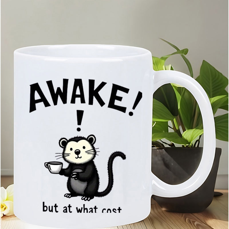 Tailorly White Ceramic 11 oz Mug - Awake But At What Cost Holding A Small Coffee Cup Under A Bold Exclamation Mark Otter