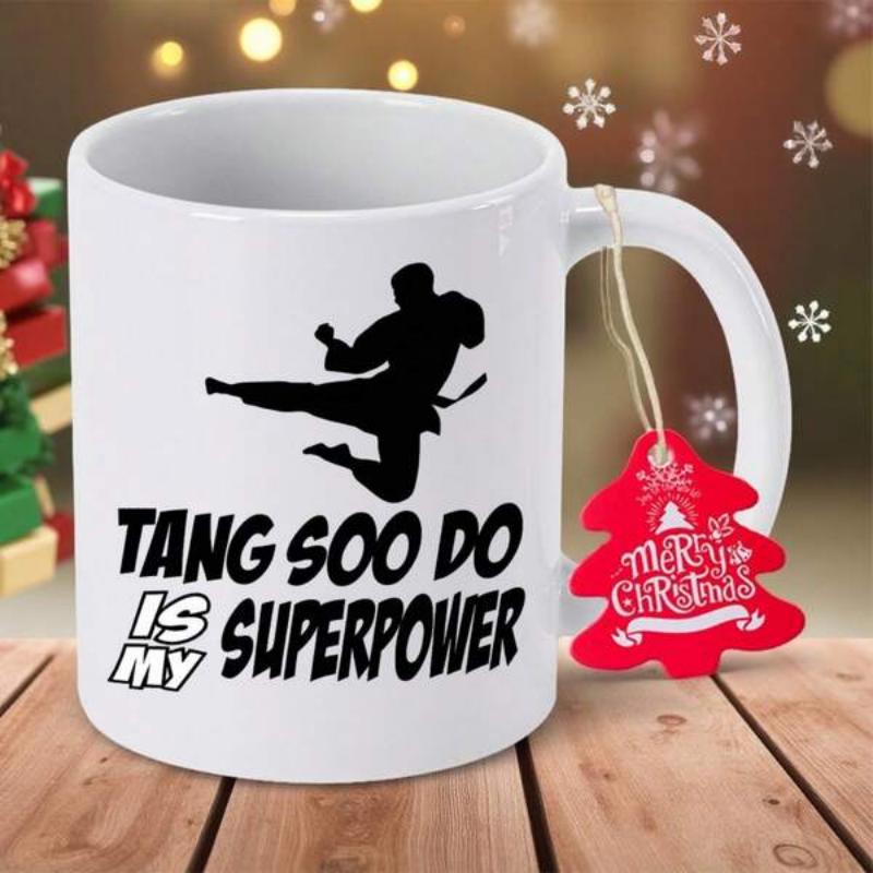 Tailorly White Ceramic 11 oz Mug - Tang Soo Do Is My Superpower Merry Christmas Dynamic Black Martial Artist Performing A Powerful Flying Midair Side Kick