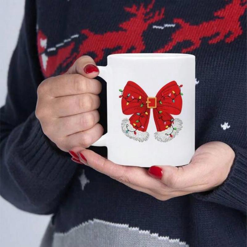 Tailorly White Ceramic 11 oz Mug - Festive Red Santa Suit Style Decorated With Festive Lights And Furry Bow