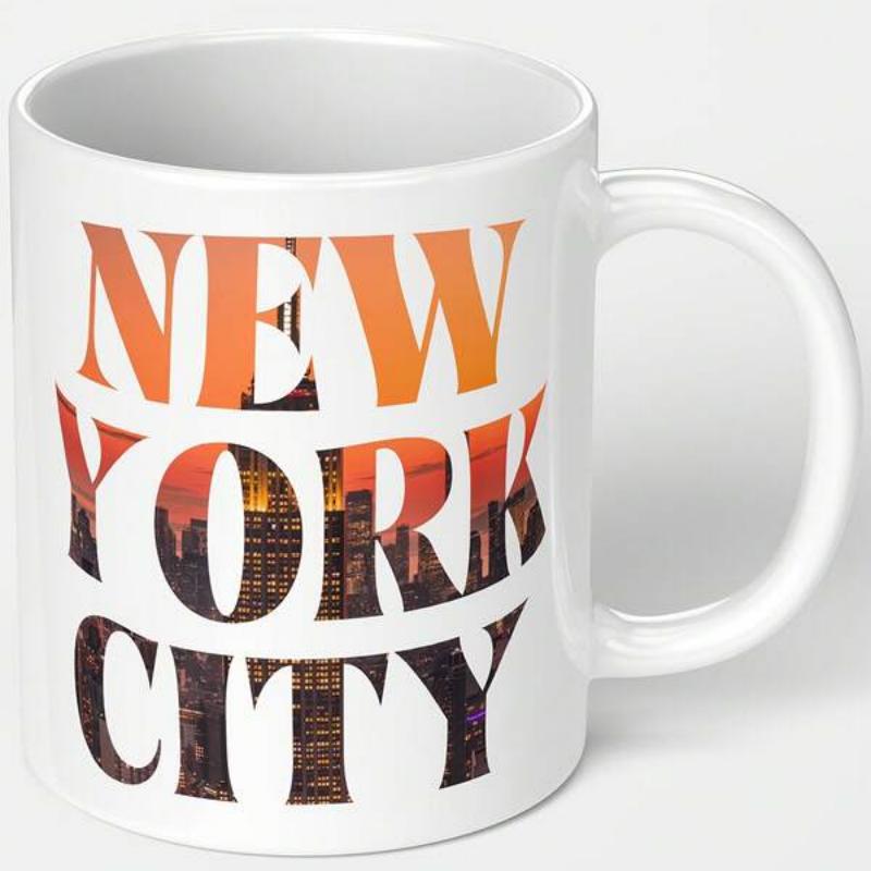 Tailorly White Ceramic 11 oz Mug - New York City Vibrant Sunset Cityscape Silhouette Within Bold Classic Decorative Letters Skyline