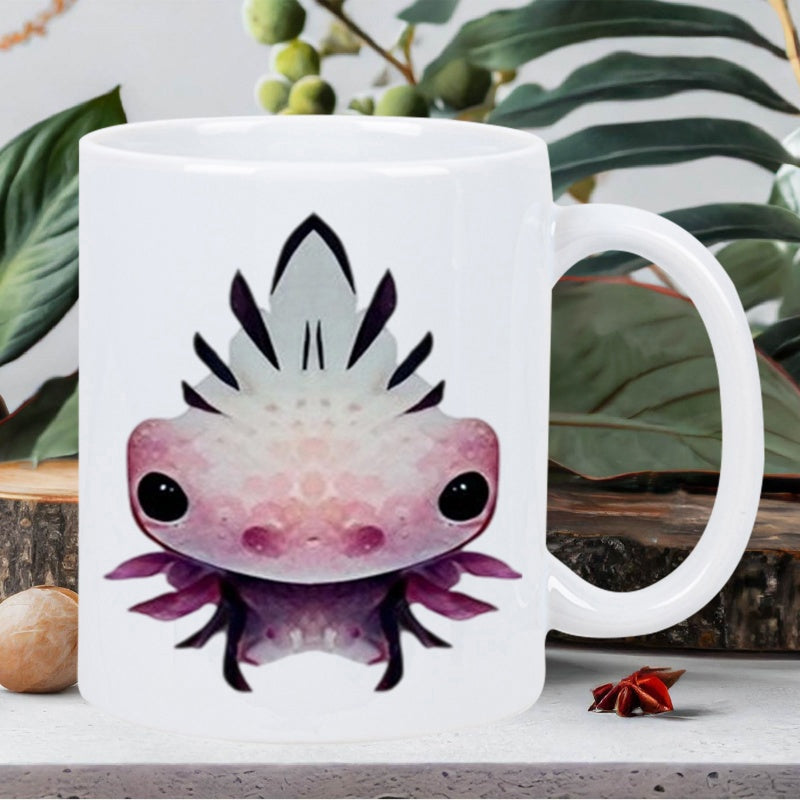 Tailorly White Ceramic 11 oz Mug - Symmetrical Pink Fantasy Style With Spiky Crown And Large Dark Eyes Creature