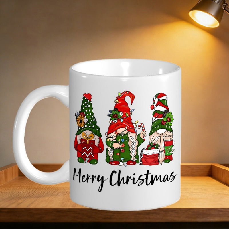 Tailorly White Ceramic 11 oz Mug - Merry Christmas Three Festive Holiday Characters Wearing Colorful Patterned Hats In Row Gnome