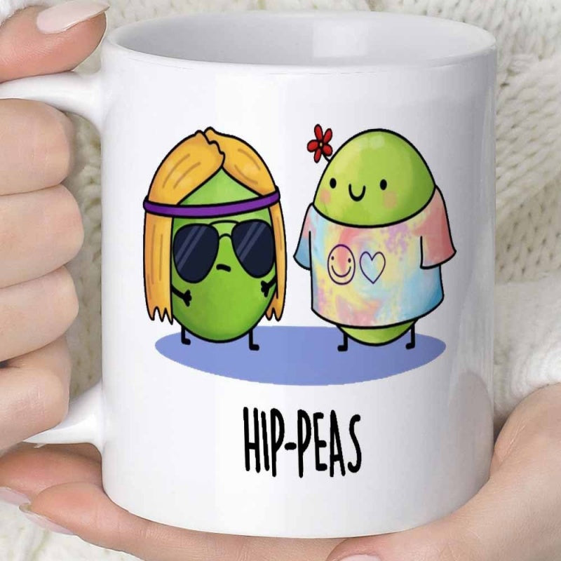 Tailorly White Ceramic 11 oz Mug - Hip Peas Two Cute Cartoon Characters Dressed In Hippie Style Clothing And Accessories Peas