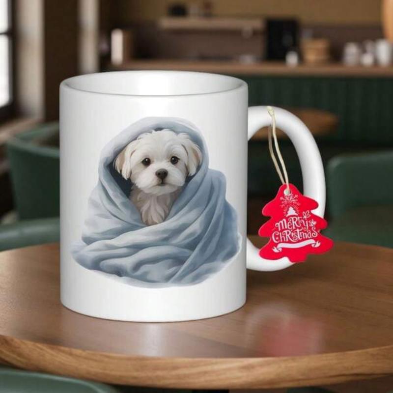 Tailorly White Ceramic 11 oz Mug - Small Fluffy White Puppy Wrapped Inside A Soft Blue Blanket Dog