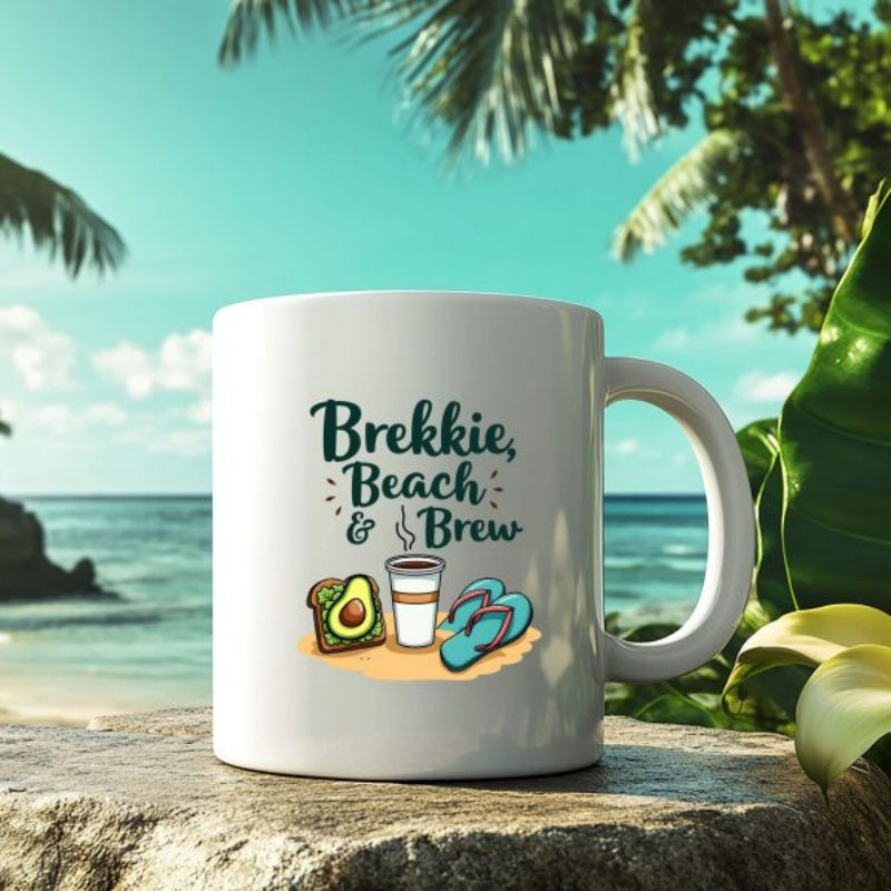 Tailorly White Ceramic 11 oz Mug - Brekkie Beach Brew Avocado Toast Coffee Beside Blue Flip Flops On Sand Mug