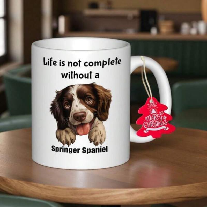 Tailorly White Ceramic 11 oz Mug - Life Is Not Complete Without A Springer Spaniel Adorable Brown And White Puppy Peeking With Paws And Pink Tongue Springer