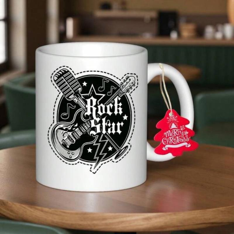 Tailorly White Ceramic 11 oz Mug - Rock Star Vintage Microphone And Electric Guitar Decorated With Stars And Notes Guitar