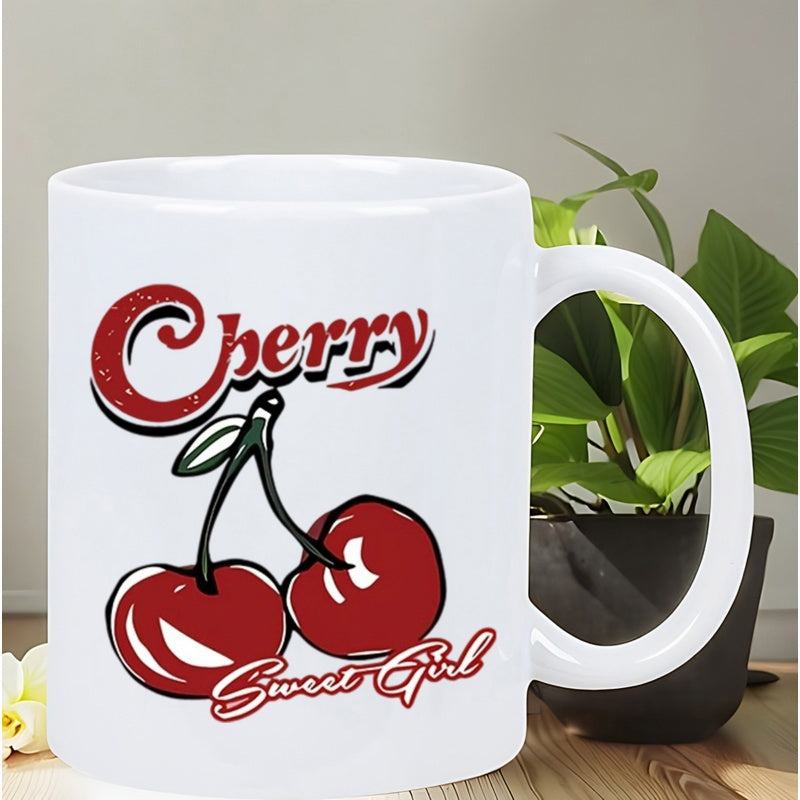 Tailorly White Ceramic 11 oz Mug - Cherry Sweet Girl Vibrant Red Glossy Fruits On Green Stem Cherry