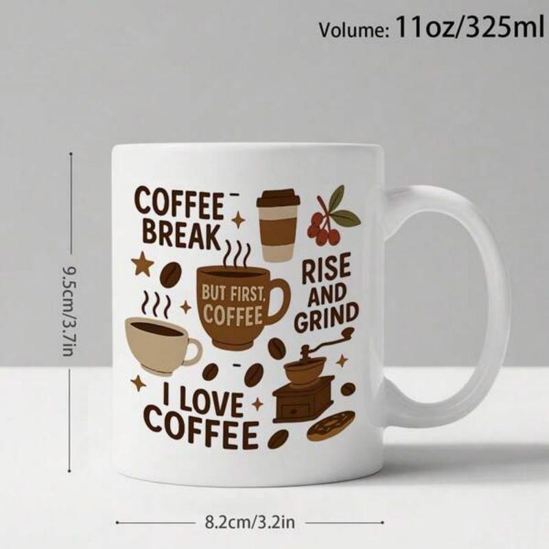 Tailorly White Ceramic 11 oz Mug - Coffee Break But First Coffee Rise And Grind I Love Coffee Various Hand Drawn Coffee Icons With Beans And Grinder Illustration