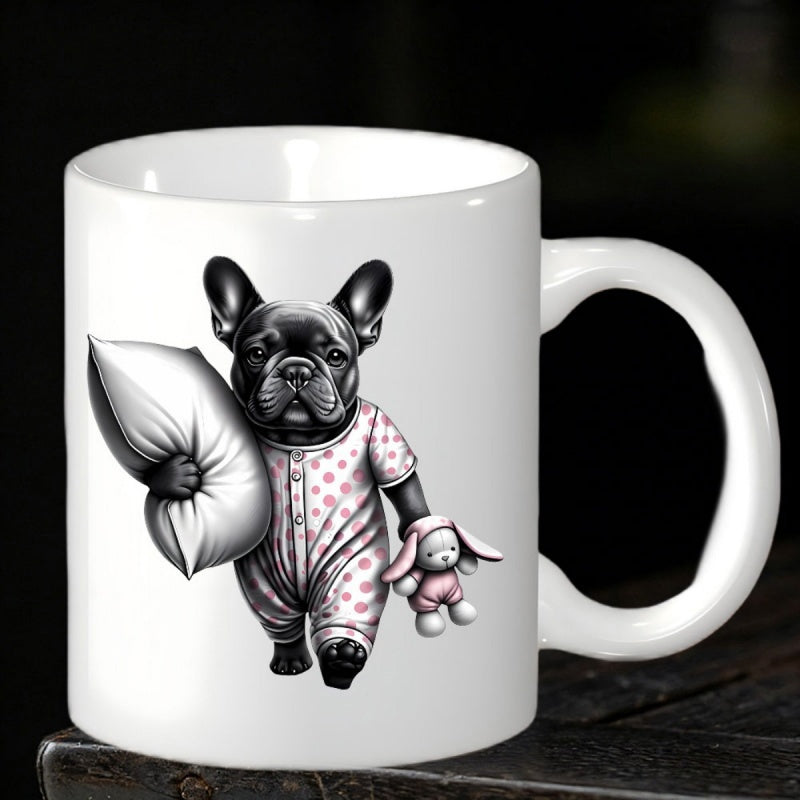 Tailorly White Ceramic 11 oz Mug - Adorable French Bulldog Wearing Pink Polka Dot Pajamas Holding Small Bunny Bulldog