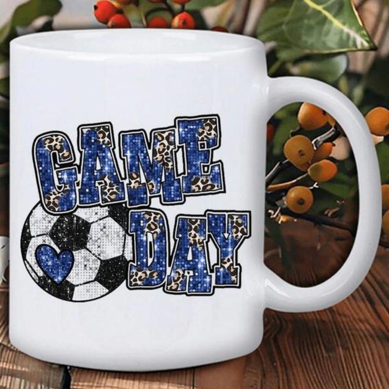Tailorly White Ceramic 11 oz Mug - Game Day Blue Glitter Leopard Print Textured Heart Detailed Athletic Soccer Ball