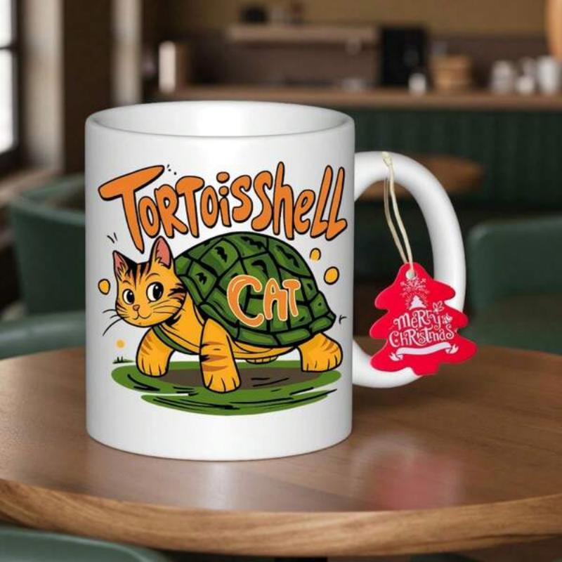 Tailorly White Ceramic 11 oz Mug - Tortoiseshell Cat Stylized Orange Tabby Wearing Green Geometric Turtle Shell Walking On Grass Cat