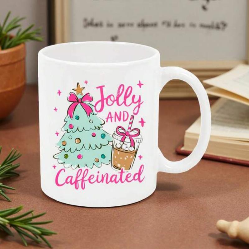 Tailorly White Ceramic 11 oz Mug - Jolly And Caffeinated Pastel Christmas Tree Decorated With Pink Bows And Festive Coffee Cup