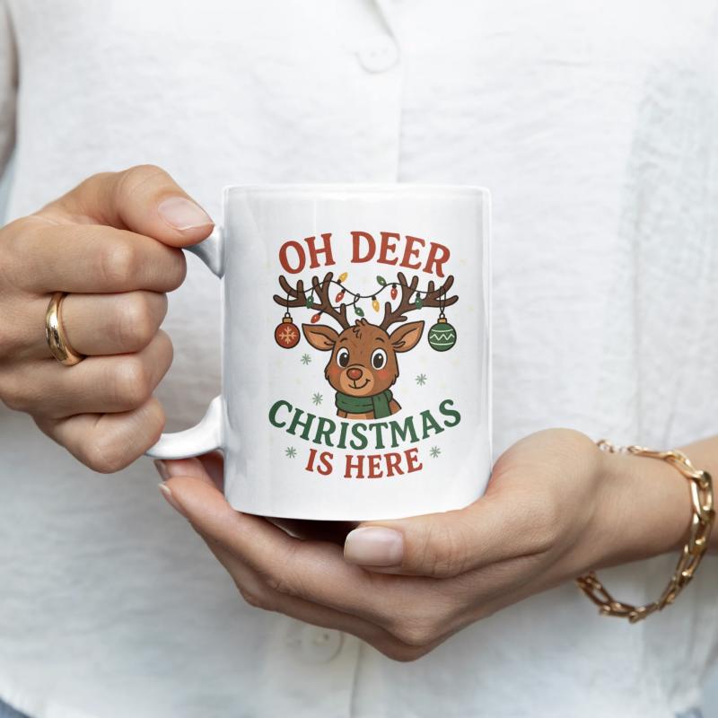 Tailorly White Ceramic 11 oz Mug - Oh Deer Christmas Is Here Festive Cartoon Reindeer Adorned With Glowing Lights And Hanging Holiday Ornaments Reindeer
