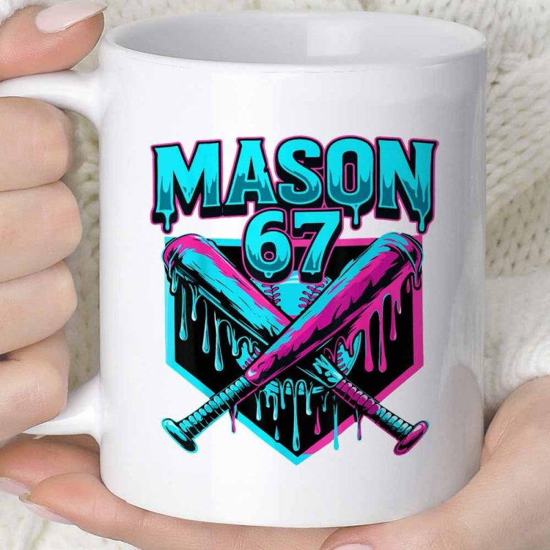 Tailorly White Ceramic 11 oz Mug - Mason 67 Dripping Neon Paint Effect Over Crossed Athletic Equipment Against Shield Background Baseball Bats