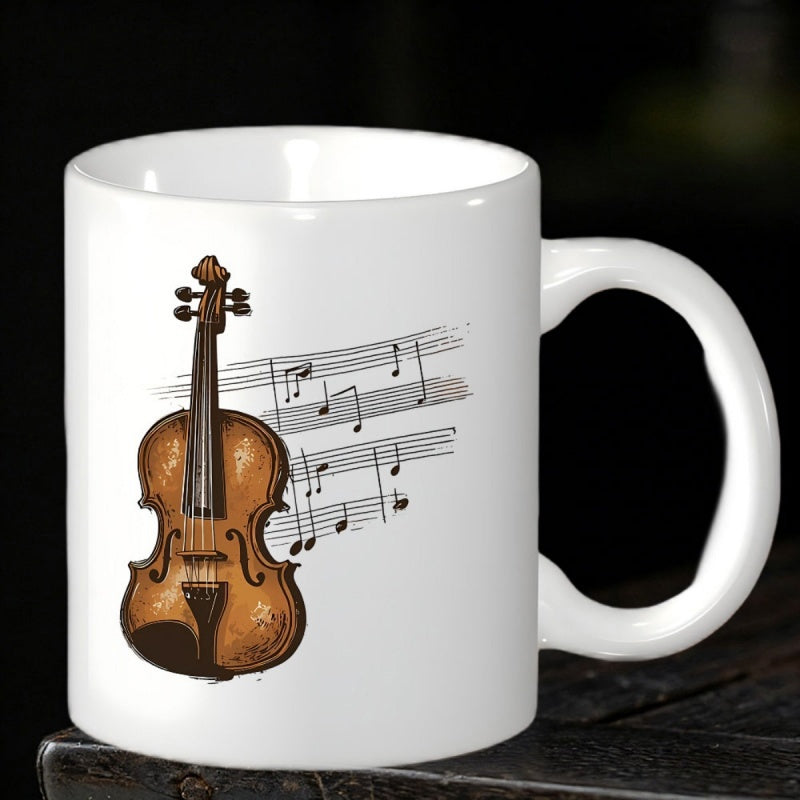 Tailorly White Ceramic 11 oz Mug - Classical Wooden Instrument With Musical Notes Floating On A White Background Violin