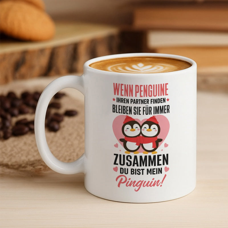 Tailorly White Ceramic 11 oz Mug - Adorable Couple Wearing Red Winter Hats And Shared Scarf Penguin