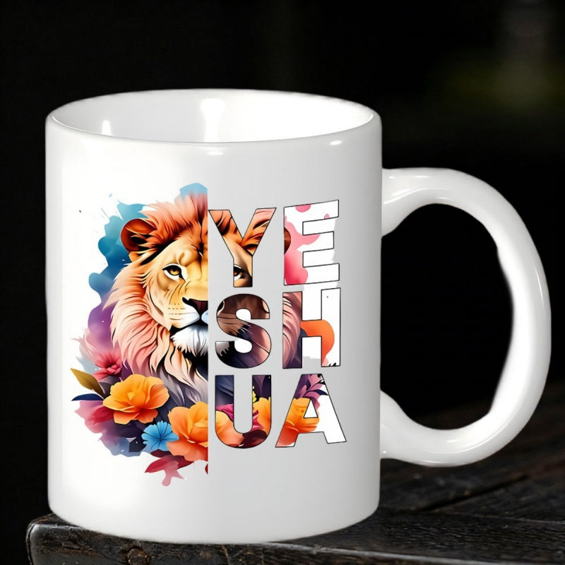Tailorly White Ceramic 11 oz Mug - Yeshua Majestic Animal Head Surrounded By Colorful Floral Watercolor Splashes Lion