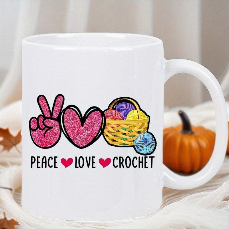 Tailorly White Ceramic 11 oz Mug - Peace Love Crochet Vibrant Pink Glitter Hand And Heart Beside A Colorful Woven Yarn Basket