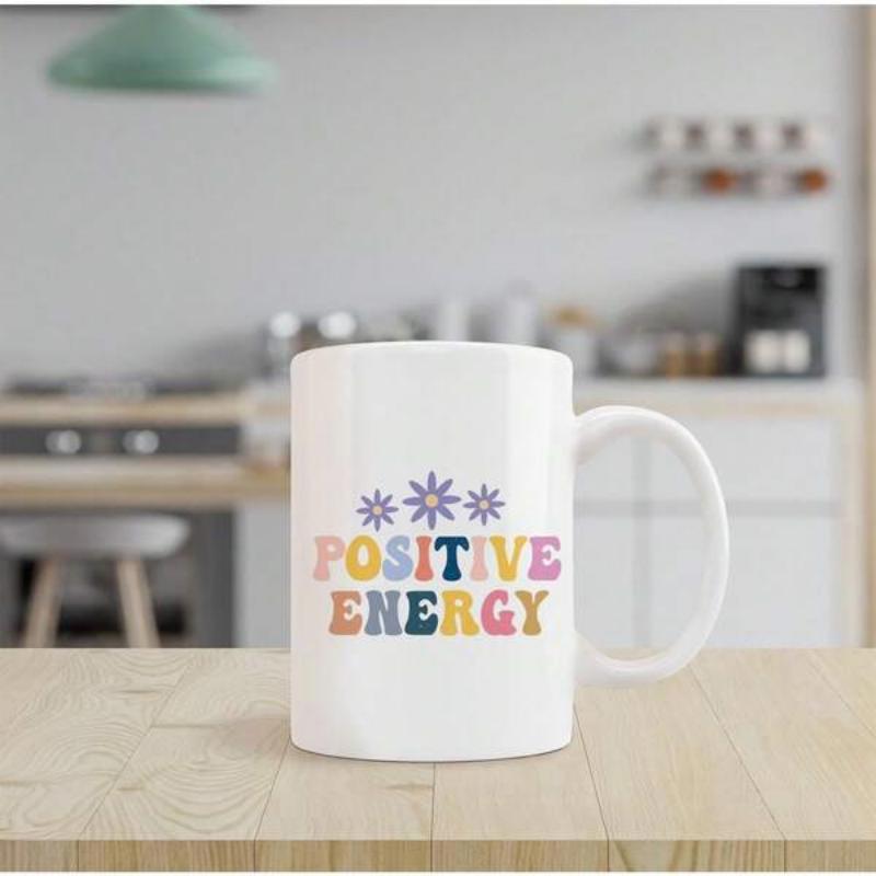 Tailorly White Ceramic 11 oz Mug - Positive Energy Retro Vibrant Text With Three Delicate Blooming Spring Flower