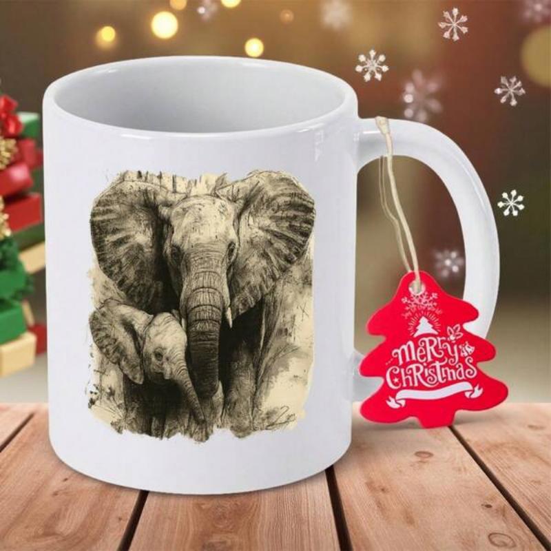Tailorly White Ceramic 11 oz Mug - Merry Christmas Detailed Pencil Sketch Style Showing Adult And Baby Calf Elephant