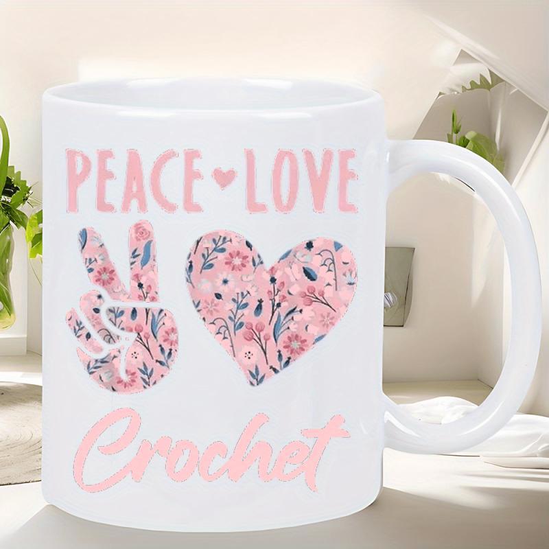 Tailorly White Ceramic 11 oz Mug - Peace Love Crochet Floral Patterned Peace Gesture And Heart Symbol Decorated With Pink Flowers Sign