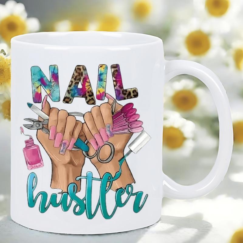 Tailorly White Ceramic 11 oz Mug - Nail Hustler Elegant Manicure Tools Held By Graceful Pink Polished Fingernail Hands
