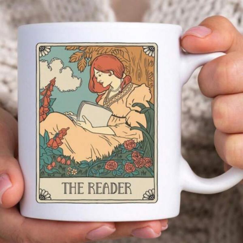 Tailorly White Ceramic 11 oz Mug - The Reader Elegant Red Haired Lady Reading Book Among Blooming Flowers And Trees Woman