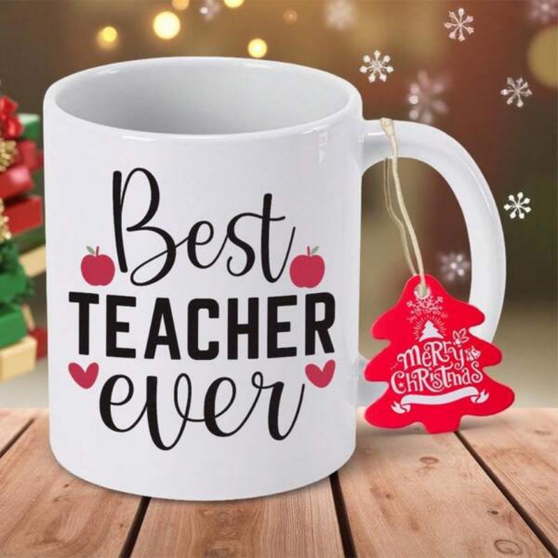 Tailorly White Ceramic 11 oz Mug - Best Teacher Ever Minimalist White Ceramic Vessel Featuring Red Apples And Hearts Among Decorative Text Mug