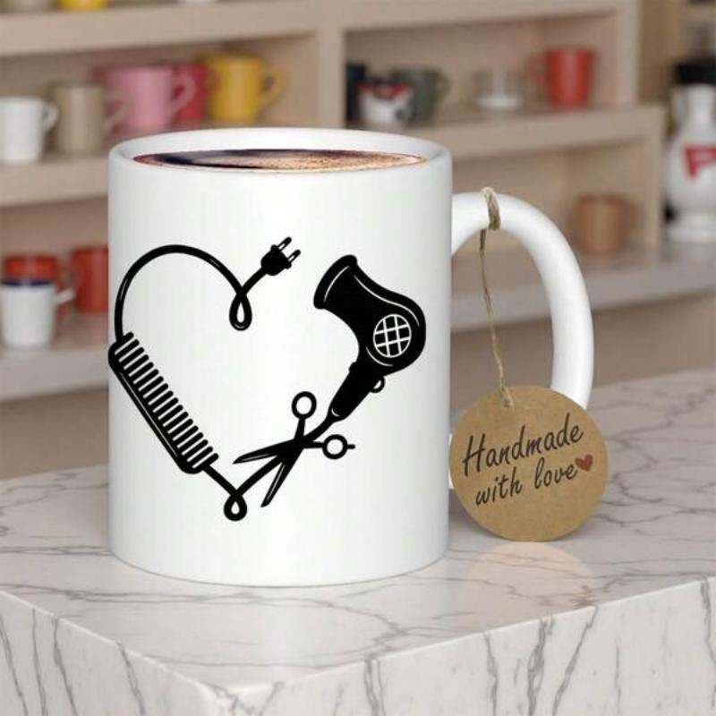 Tailorly White Ceramic 11 oz Mug - Stylized Hairdresser Tools Including Scissor Comb And Hairdryer Forming A Creative Heart
