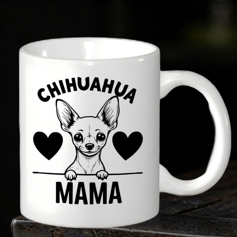 Tailorly White Ceramic 11 oz Mug - Chihuahua Mama Minimalist Black And White Peeking Dog Illustration With Hearts Surrounding A Chihuahua