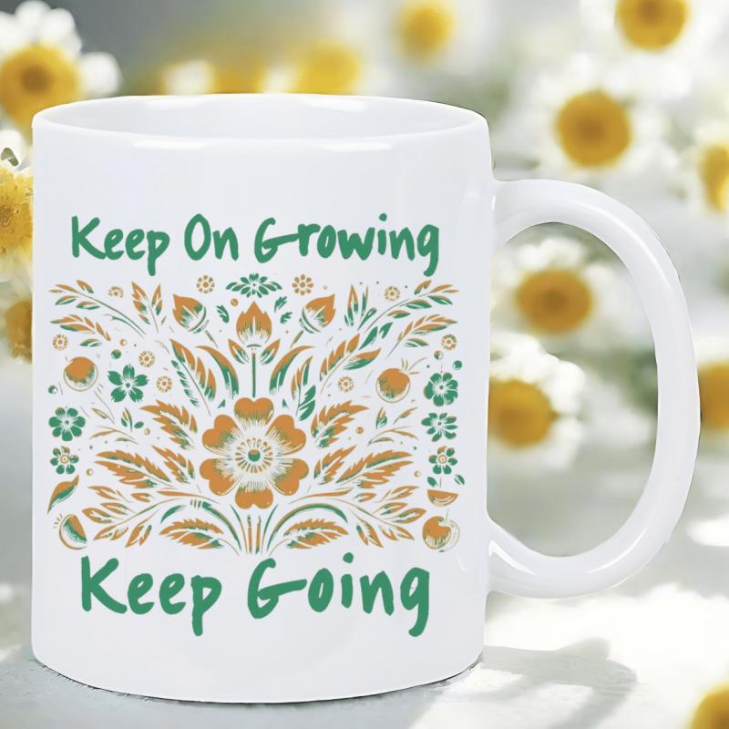 Tailorly White Ceramic 11 oz Mug - Keep On Growing Keep Going Symmetrical Earthy Tones Botanical Leaves And Blossoming Wildflower Folk Art Pattern