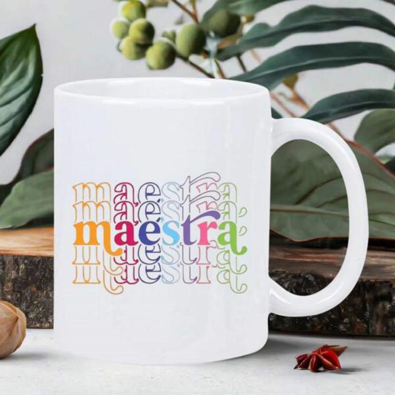 Tailorly White Ceramic 11 oz Mug - Maestra Vibrant Colorful Retro Wavy Typography Layered On Polished