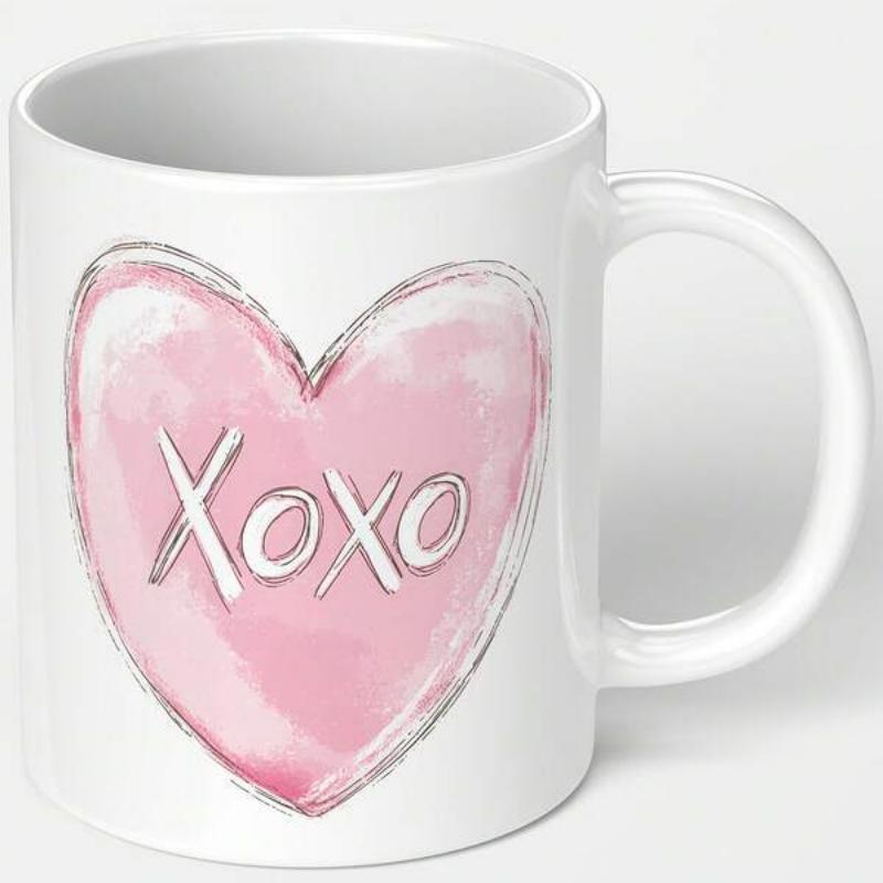 Tailorly White Ceramic 11 oz Mug - Xoxo Artistic Watercolor Pink Heart Floating On Minimalist White Ceramic Heart