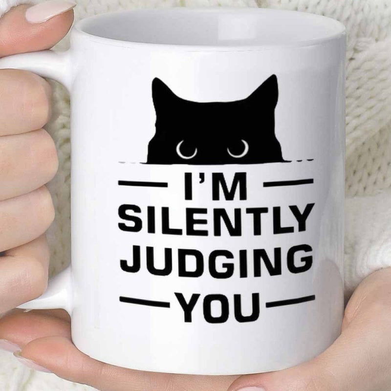 Tailorly White Ceramic 11 oz Mug - Im Silently Judging You Minimalist Black Peeking Silhouette With Curious Staring Eyes Cat