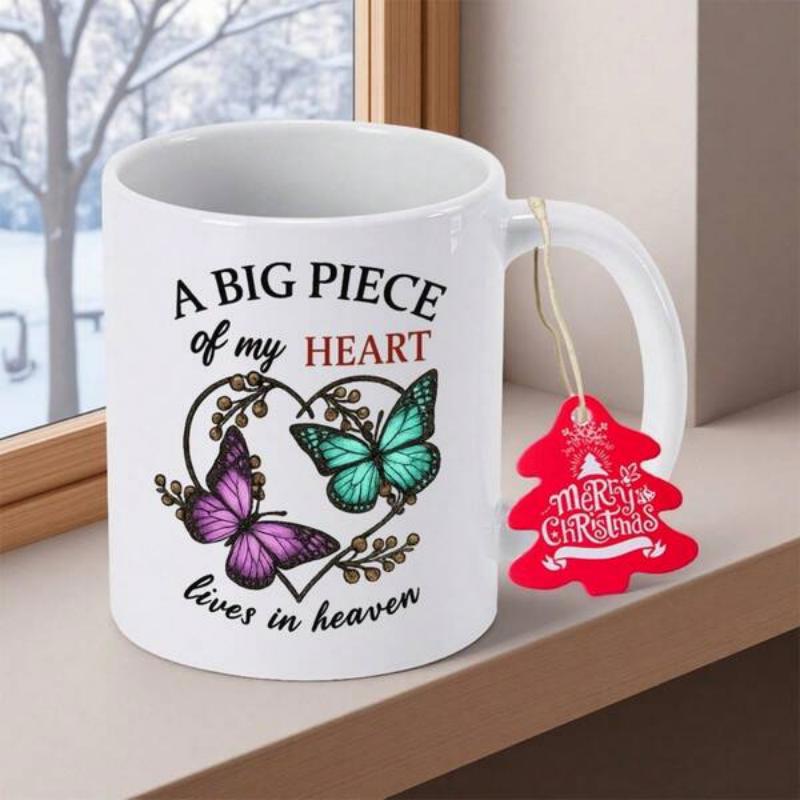 Tailorly White Ceramic 11 oz Mug - A Big Piece Of My Heart Lives In Heaven Vibrant Purple And Green Butterflies Fluttering Around A Delicate Floral Heart Butterfly