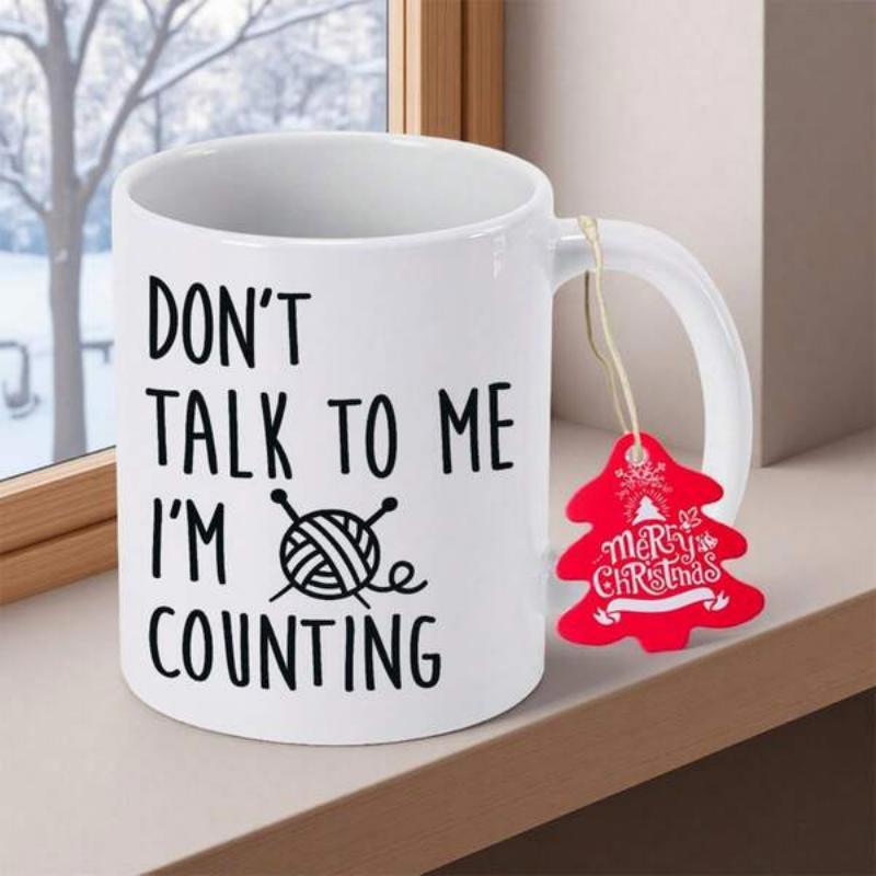 Tailorly White Ceramic 11 oz Mug - Dont Talk To Me Im Counting Minimalist Black Line Art Representing Hand Knitting Hobby With Wool Thread Mug