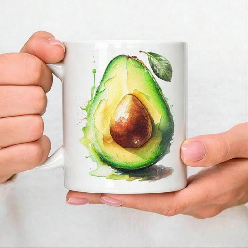 Tailorly White Ceramic 11 oz Mug - Watercolor Style Sliced Fresh Green Fruit With Large Pit And Small Leaf Avocado