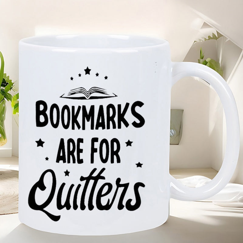 Tailorly White Ceramic 11 oz Mug - Bookmarks Are For Quitters Open Book Icon With Several Small Stars And Decorative Dots Mug