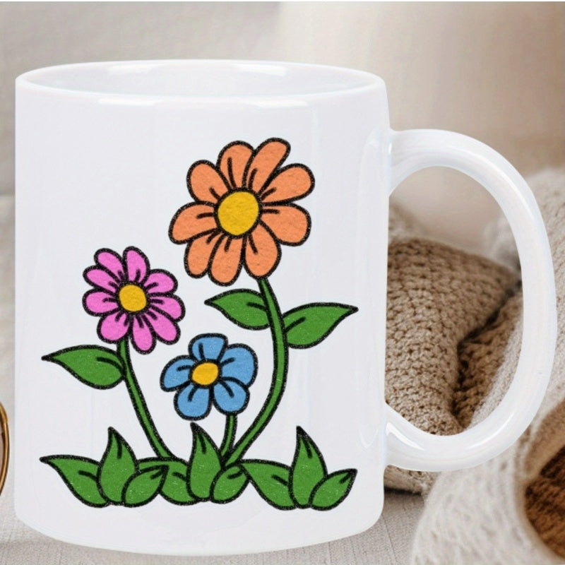 Tailorly White Ceramic 11 oz Mug - Vibrant Colorful Hand Drawn Garden With Green Leaves And Lush Grass Flowers