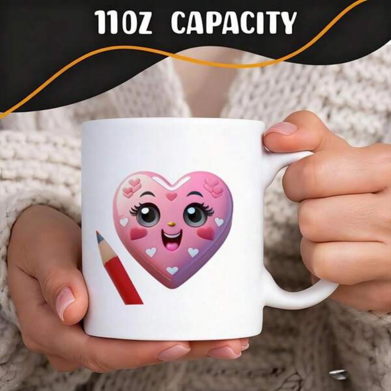 Tailorly White Ceramic 11 oz Mug - Capacity Adorable Pink Heart Character With Red Pencil And Large Eyes Heart