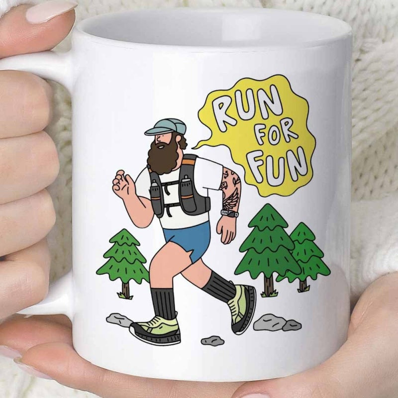 Tailorly White Ceramic 11 oz Mug - Run For Fun Bearded Athlete Jogging Through Pine Forest On Rocky Mountain Path Runner